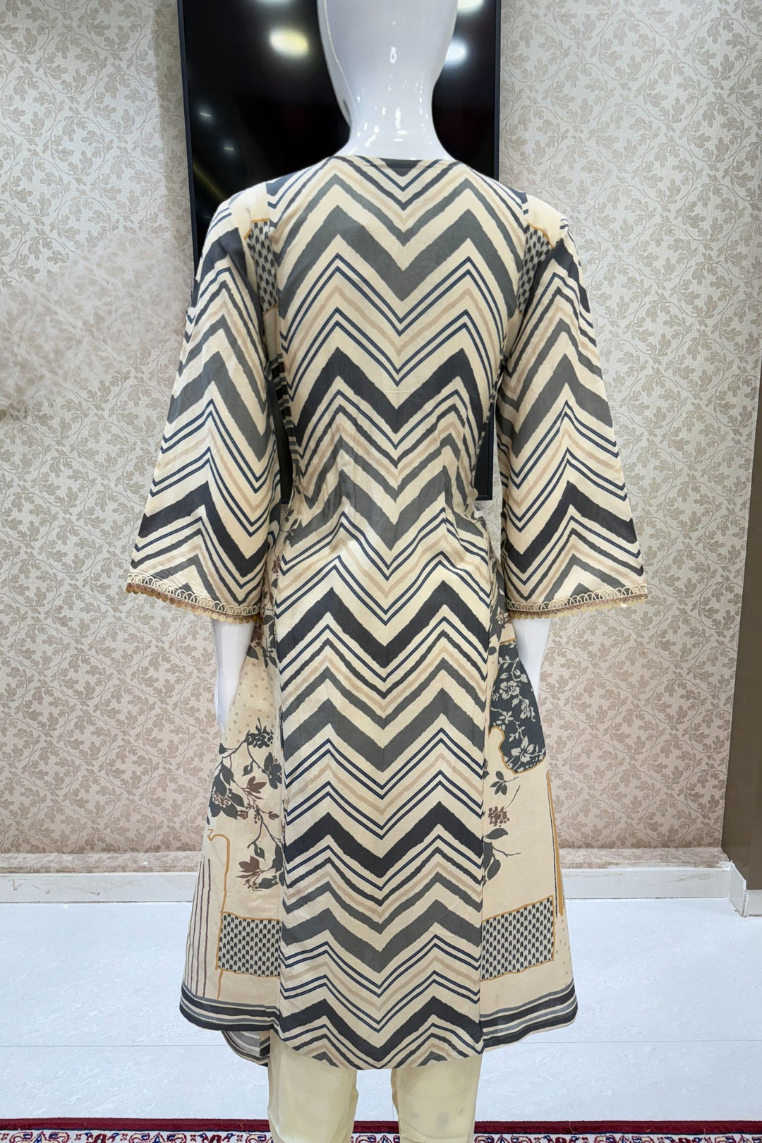 Cream Sequins, Beads and Zardozi work with Zig Zag Stripes Straight Cut Salwar Suit