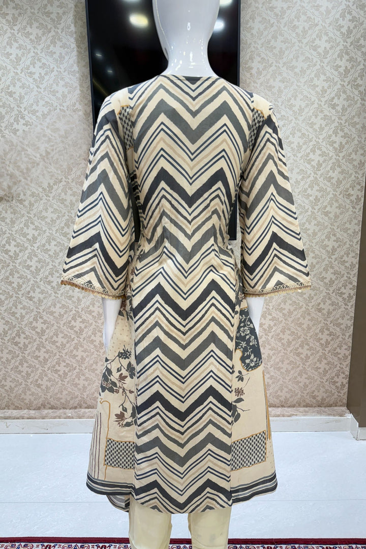 Cream Sequins, Beads and Zardozi work with Zig Zag Stripes Straight Cut Salwar Suit
