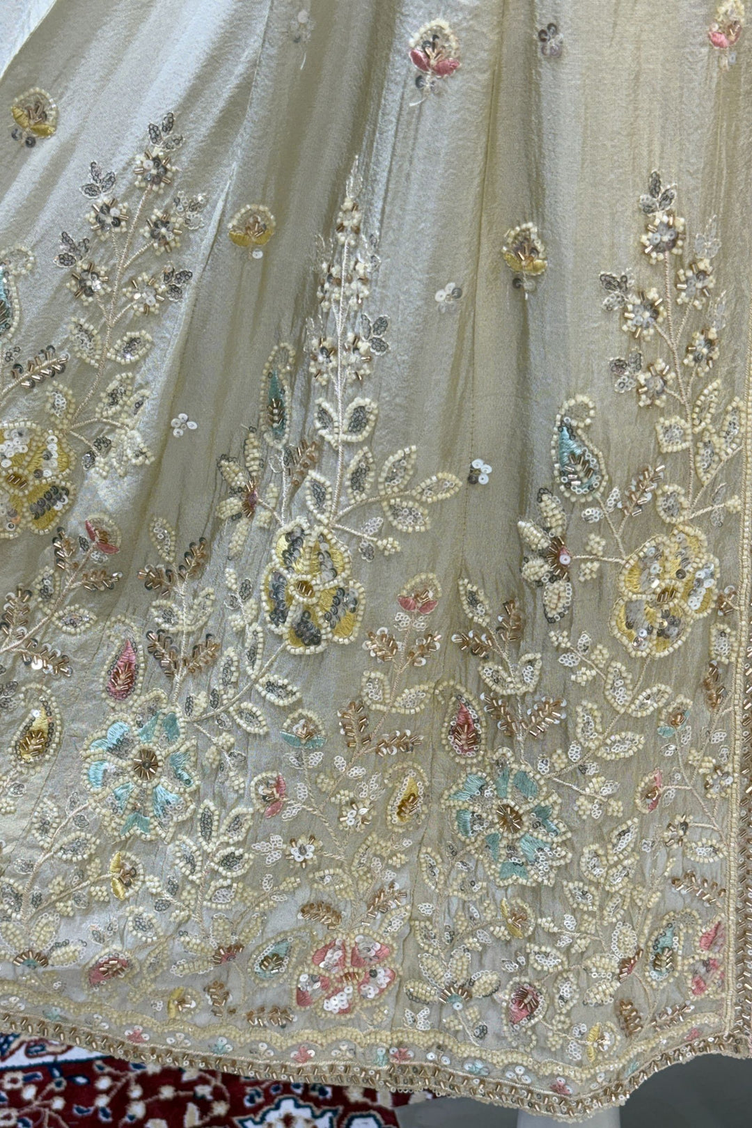 Cream Beads, Sequins and Thread work Long Top with Straight Pant