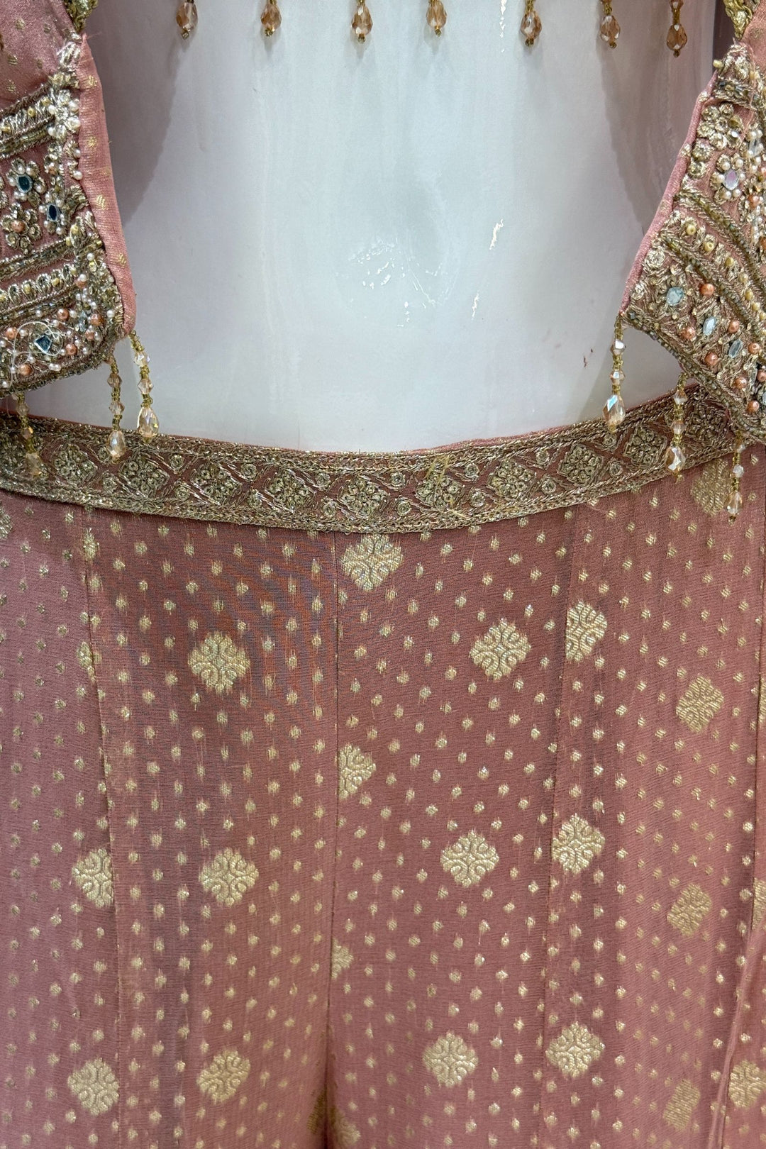 Peach Stone, Zari and Sequins work Crop Top with Overcoat Styled Palazzo Suit Set