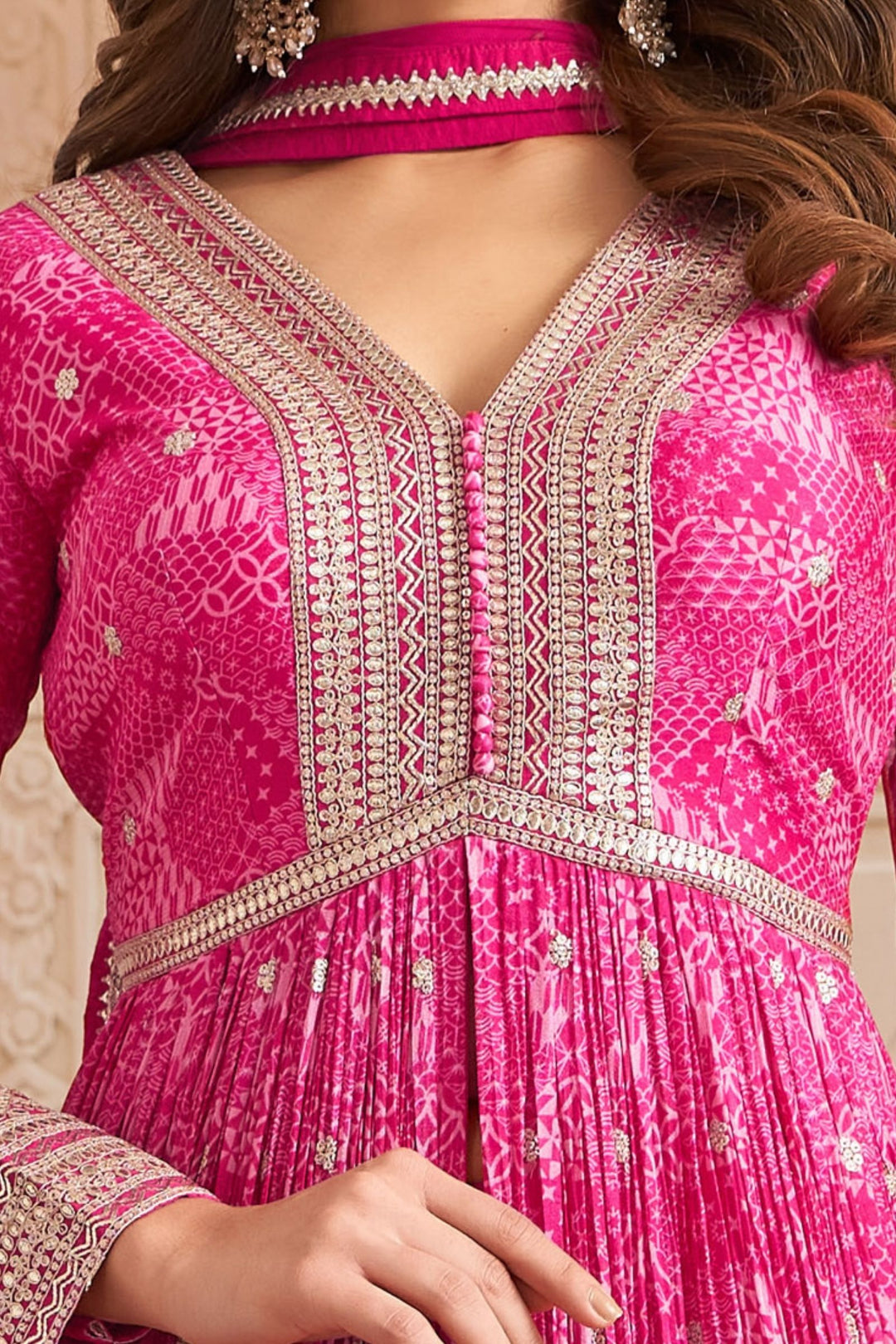 Pink Sequins and Zari work with Digital Print Mastani Styled Long Top Lehenga