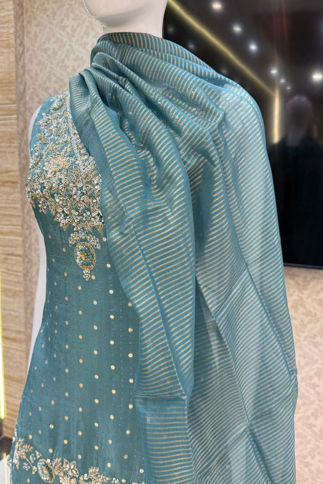 Rama Blue Banaras Zari, Beads, Sequins, Mirror, Stone and Zardozi work Palazzo Salwar Suit