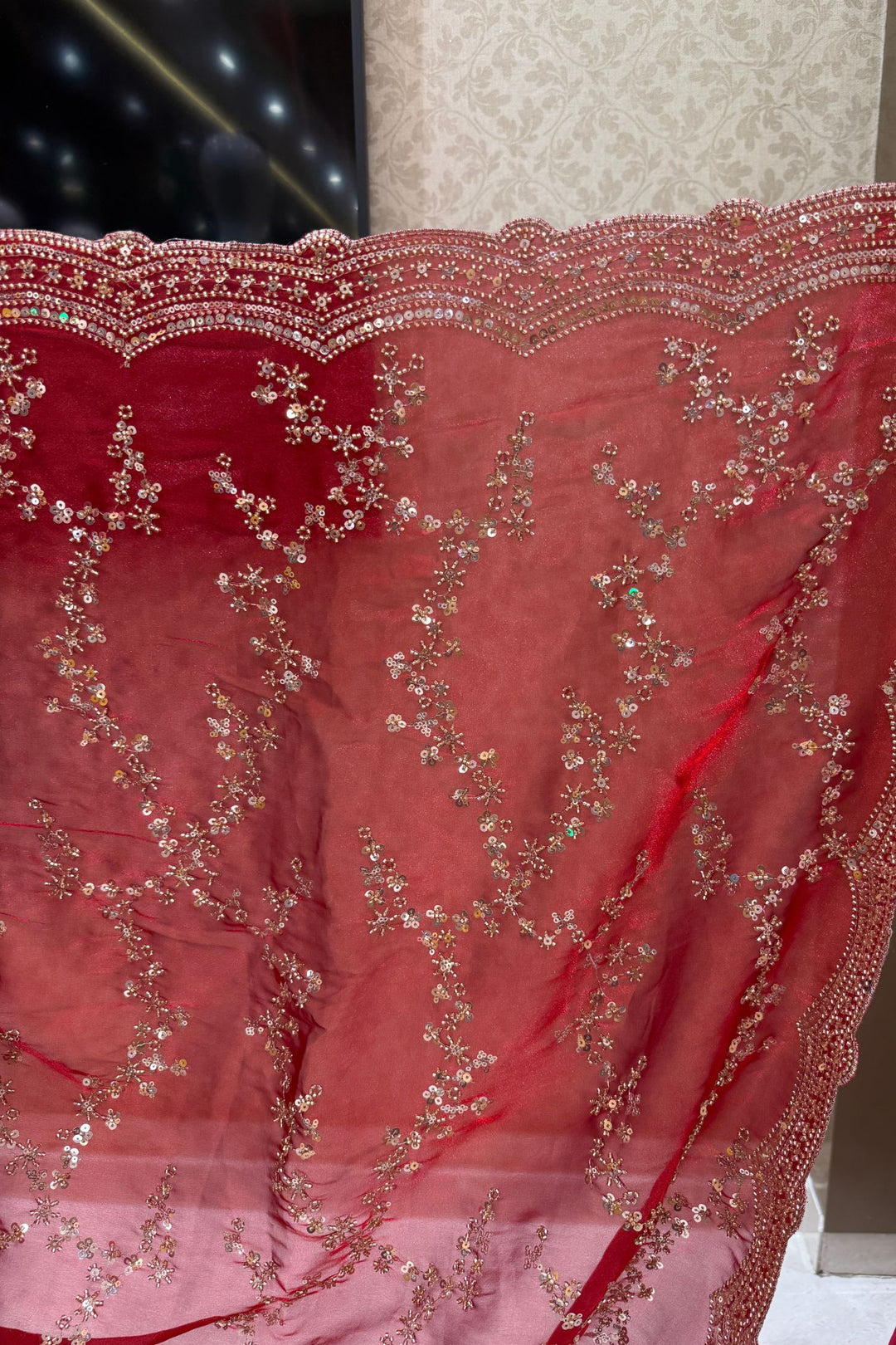 Red Saree with Intricate Zari, Sequin and Beads work