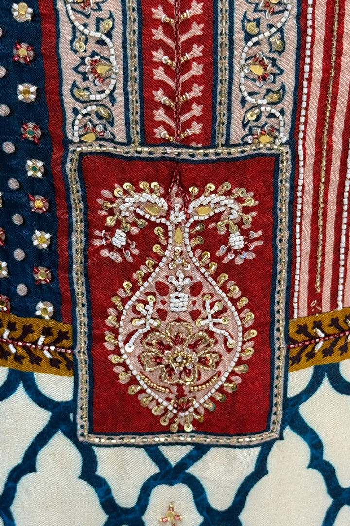 Cream with Peacock Blue Beads and Mirror work with Ajrakh Print Straight Cut Salwar Suit