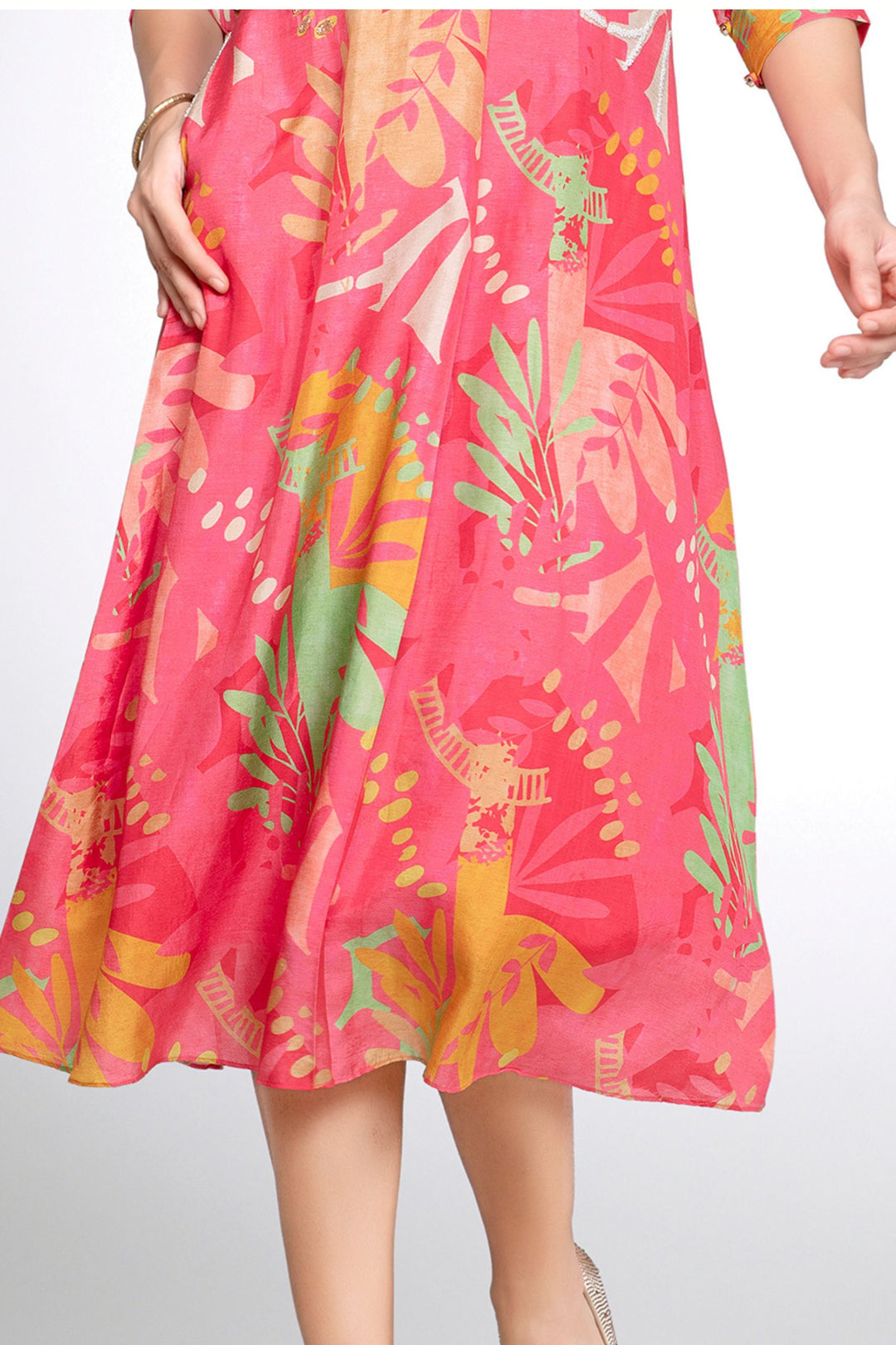 Pinkish Red Beads work with Multicolor Digital Print Calf Length Kurti