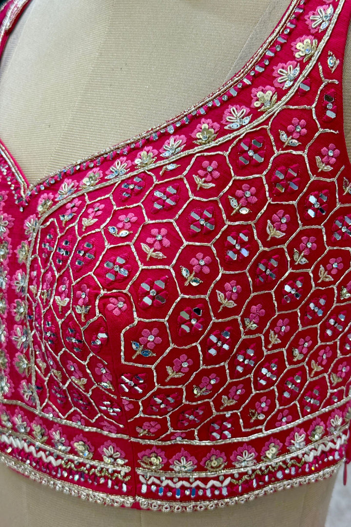 Rani Pink Mirror, Stone, Zardozi and Sequins work with Bandini Print Crop Top Lehenga