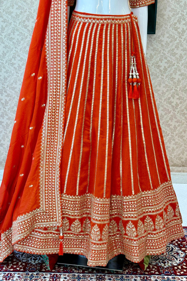 Orange Sequins and Zari work Crop Top Lehenga