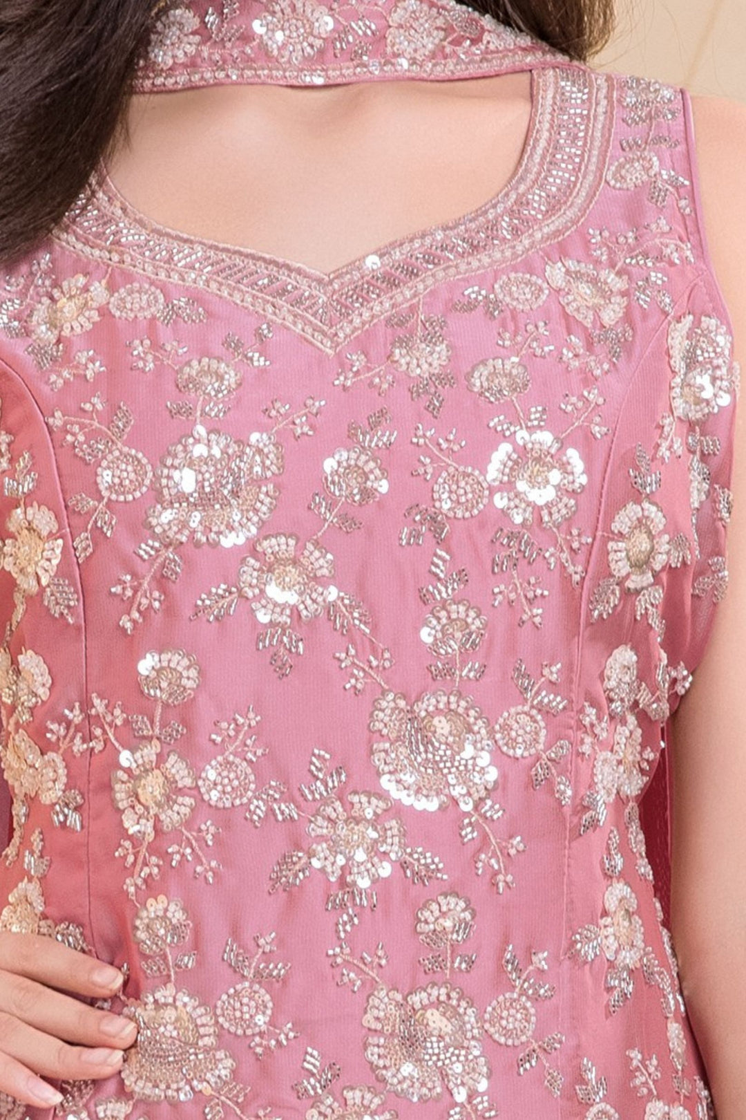 Pink Beads and Sequins work Palazzo Suit Set for Girls