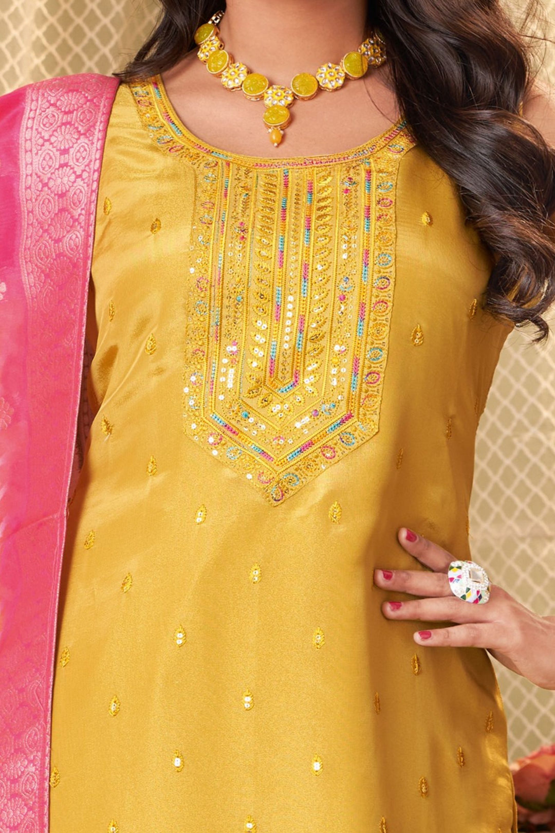 Yellow Sequins, Banaras Zari and Multicolor Thread work Straight Cut Salwar Suit