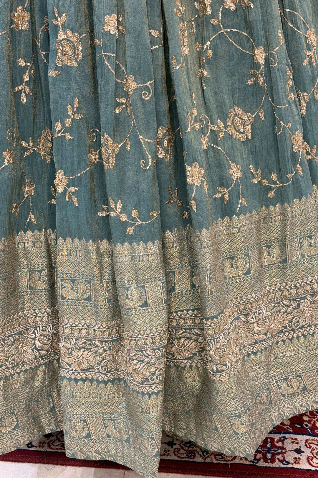 Teal Green Mirror, Zardozi, Sequins, Beads, Stone and Banaras work Peplum Style Lehenga