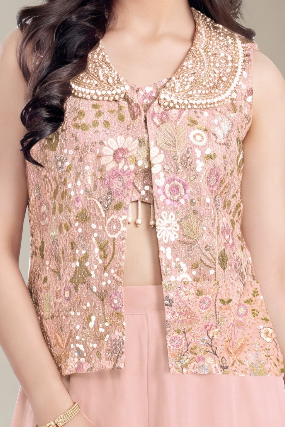 Peach Jacket Styled Palazzo Salwar Suit with Beads, Sequins and Embroidery Detailing