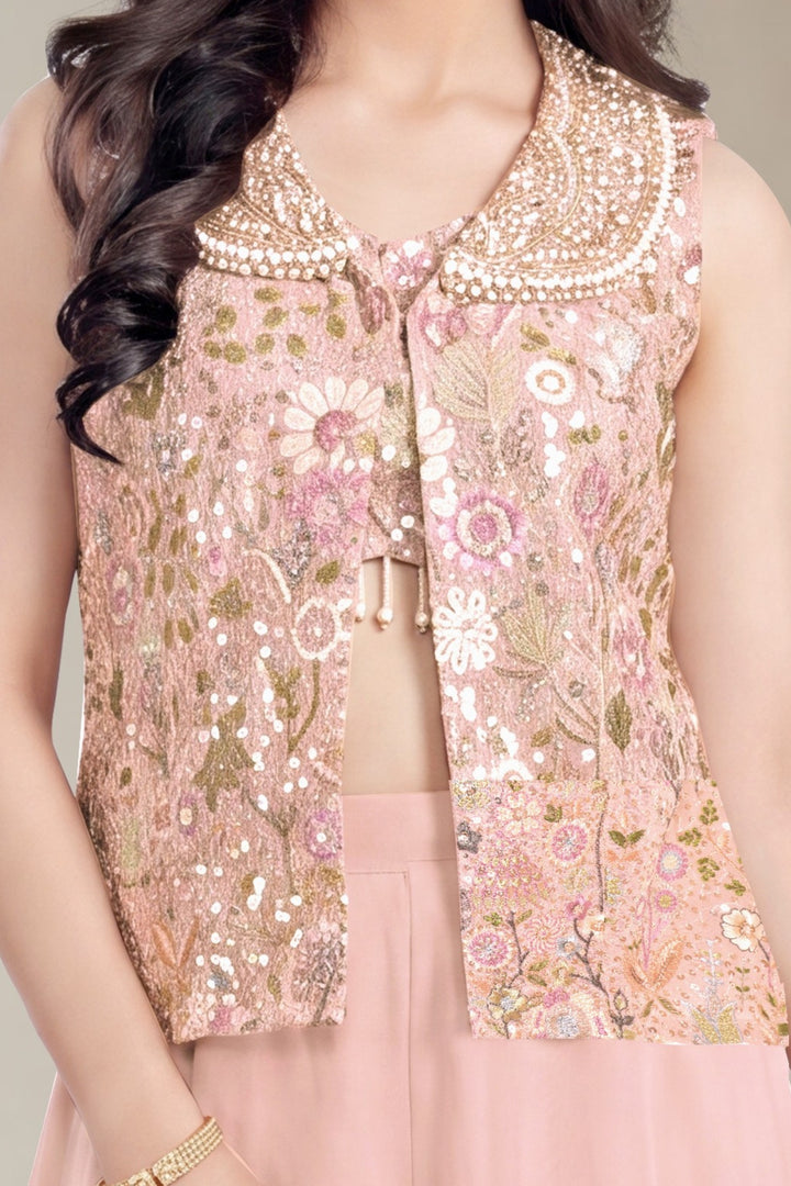Peach Jacket Styled Palazzo Salwar Suit with Beads, Sequins and Embroidery Detailing