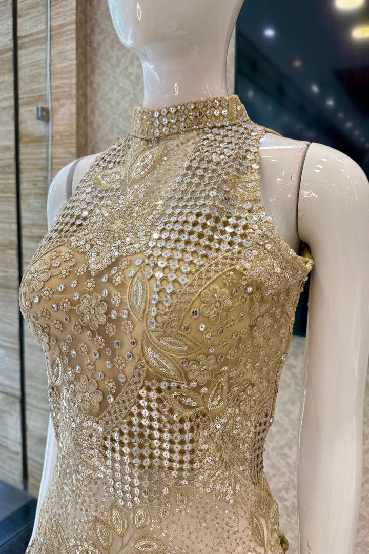 Gold Halter Neck Palazzo Salwar Suit with Sequins, Zari and Embroidery Detailing