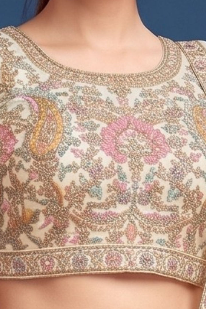 Cream Multicolor Embroidery, Sequins and Zari work Lehenga Set