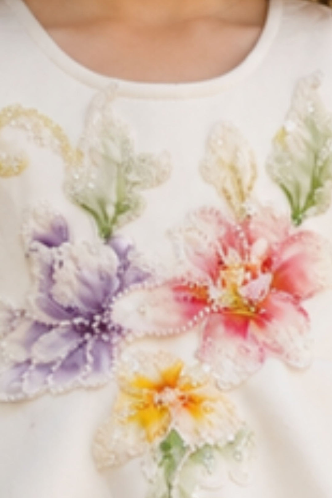 Half White Beads and Floral Applique work Short Partywear Frock for Girls