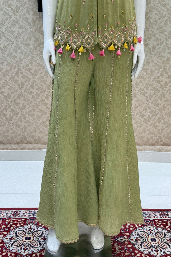 Pista Green Palazzo Salwar Suit with Beads, Sequins, Stone, Thread and Zardozi Detailing