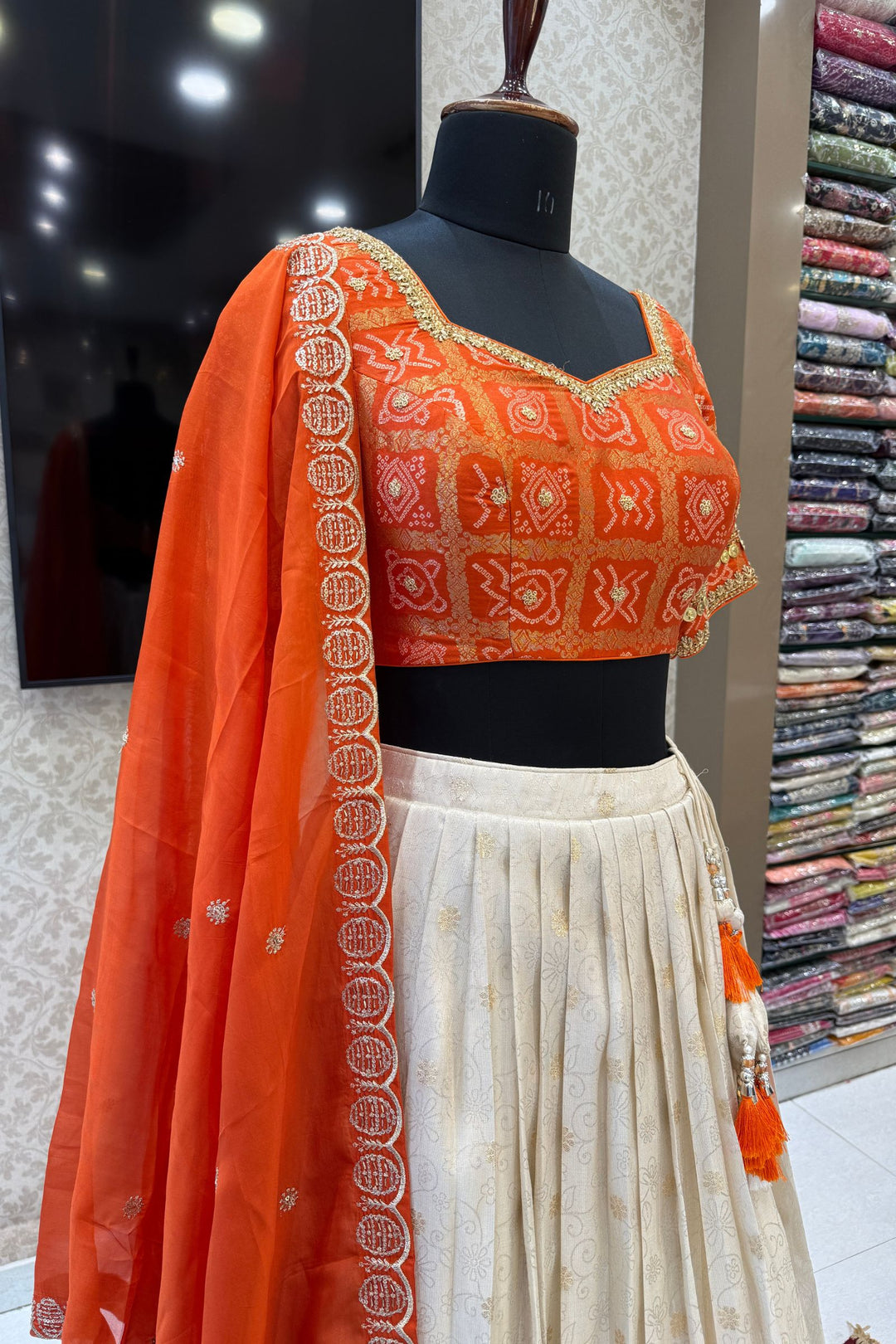 Orange with Cream Banaras, Zardozi, Sequins, Beads and Zari work Crop Top Lehenga