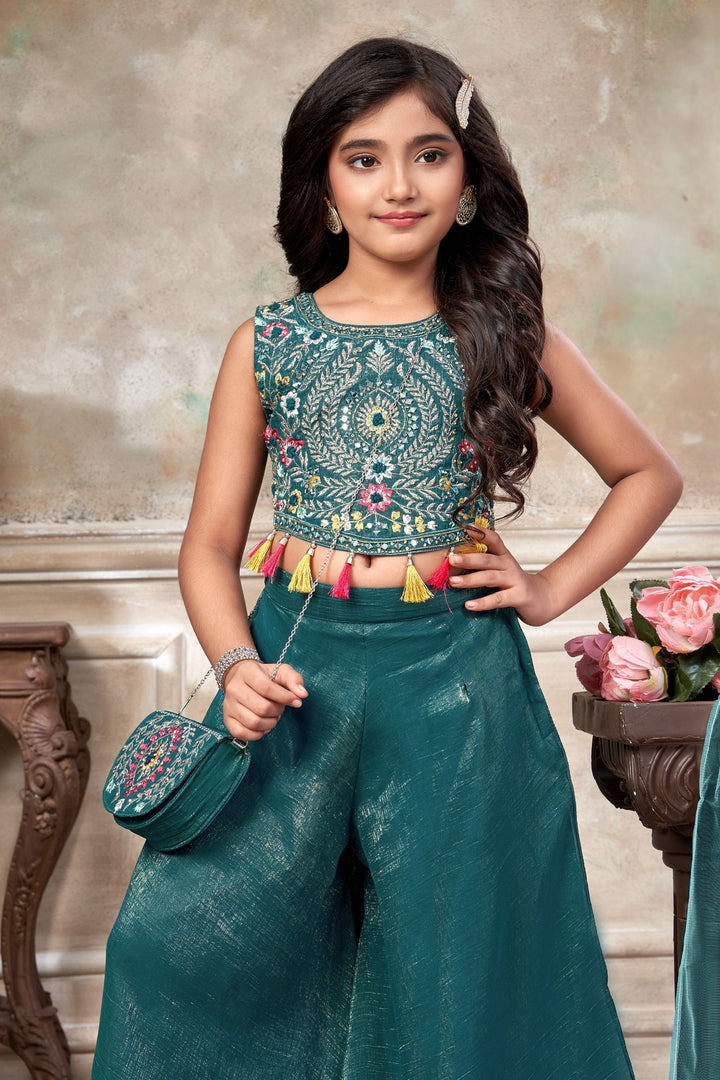 Rama Green Zari, Multicolor Embroidery and Beads work Choli and Palazzo Set for Girls
