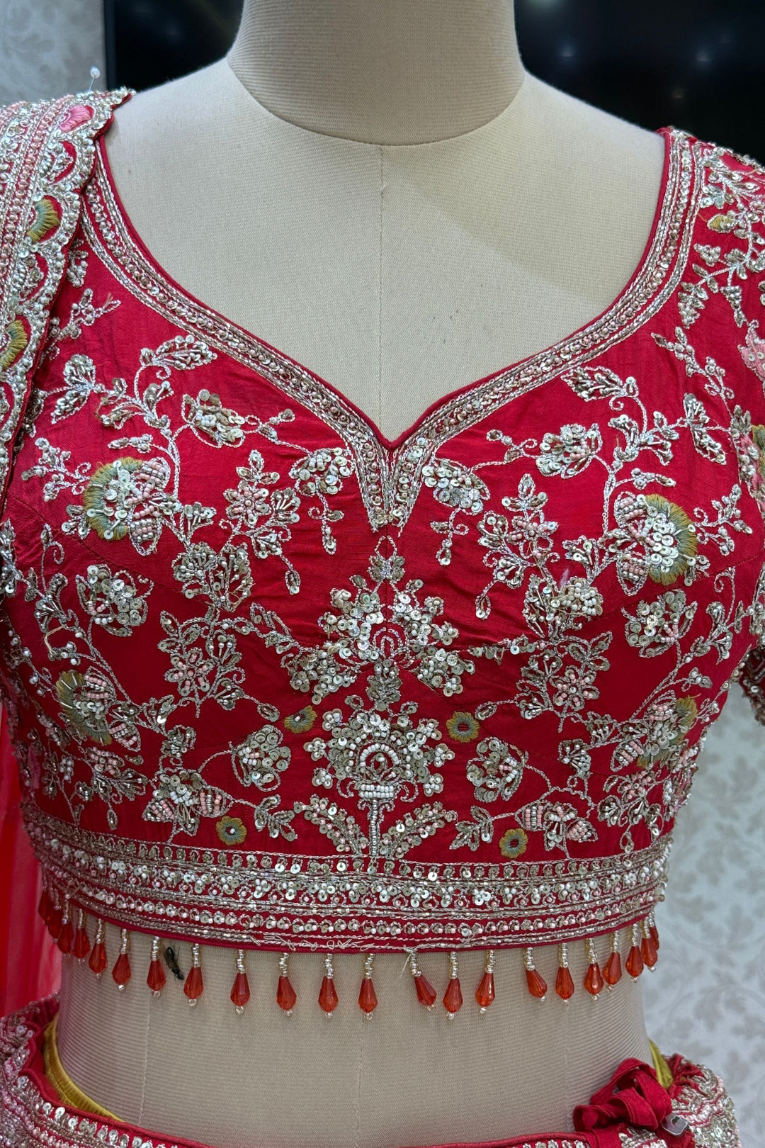 Red Handcrafted Bridal Lehenga with Intricate Zardozi, Sequins, Pearl and Zari Detailing