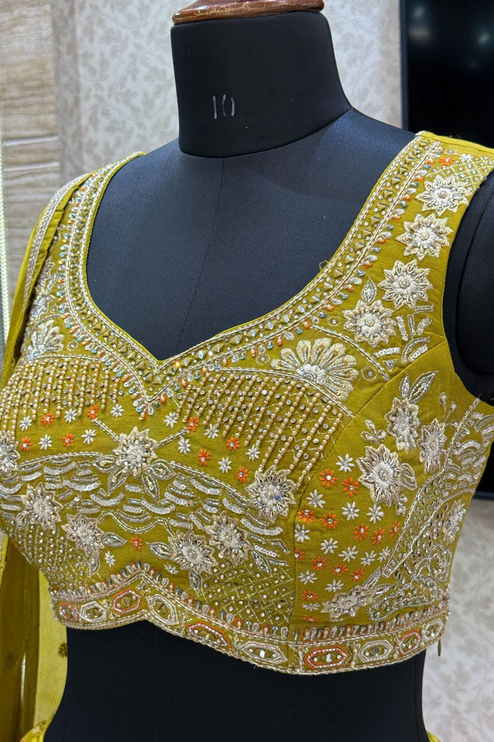 Liril Green Stone, Zardozi, Sequins and Mirror work with Bandini Print Crop Top Lehenga