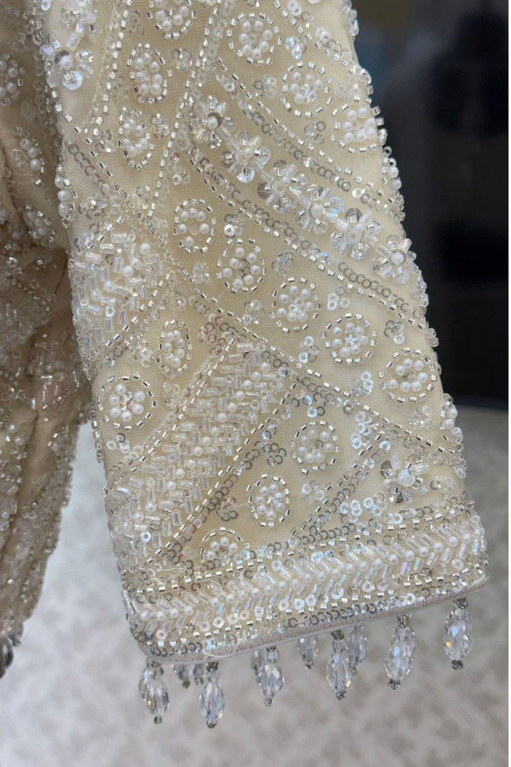 Cream Beads, Pearls and Sequins work Crop Top Designer Bridal Lehenga