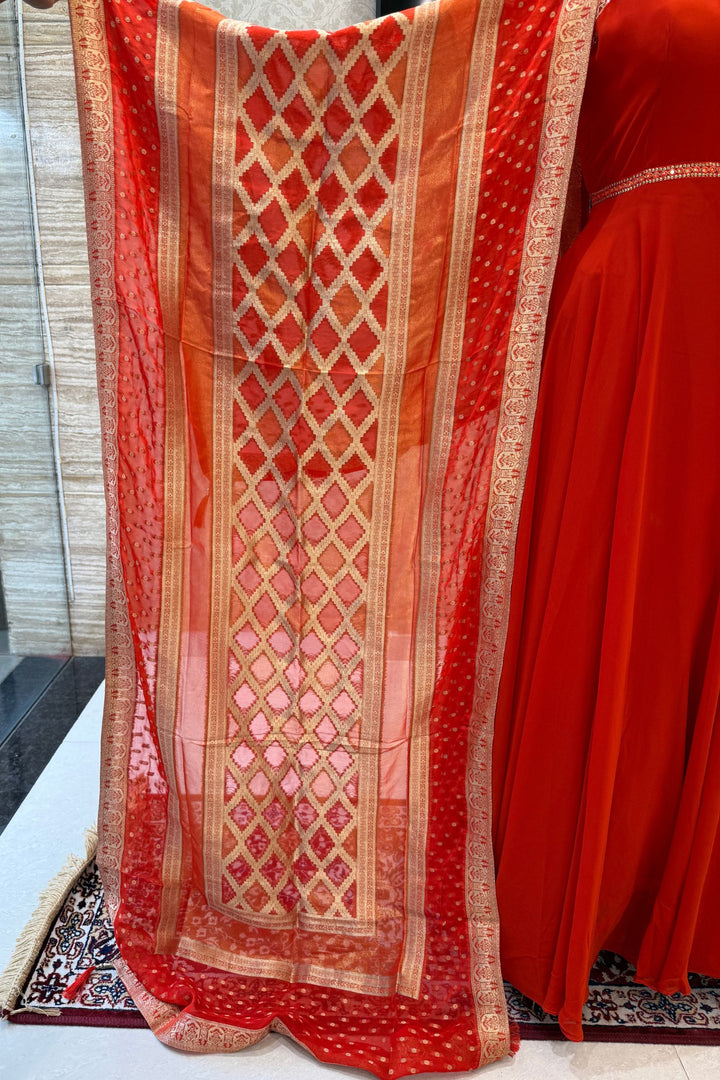 Orange Beads and Sequins work Anarkali Gown with Traditional Banaras work Dupatta