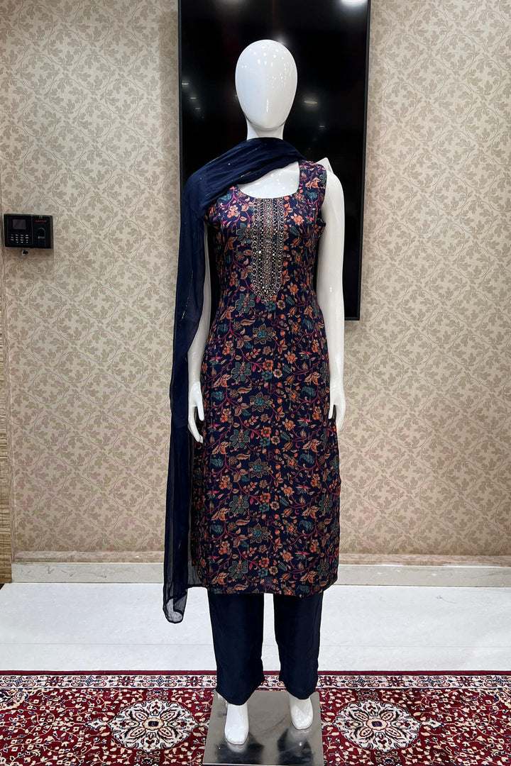 Navy Blue Stone, Mirror, Thread and Zari work with Digital Print Straight Cut Salwar Suit