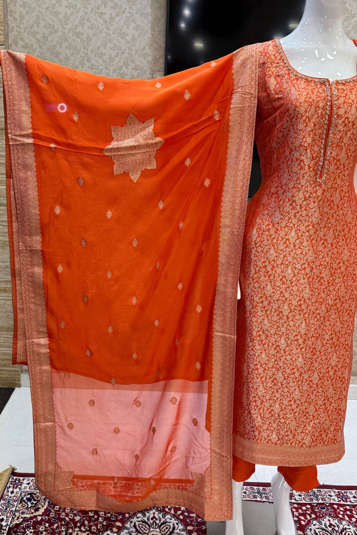 Orange Zardozi, Stone, Thread and Brocade work Straight Cut Salwar Suit