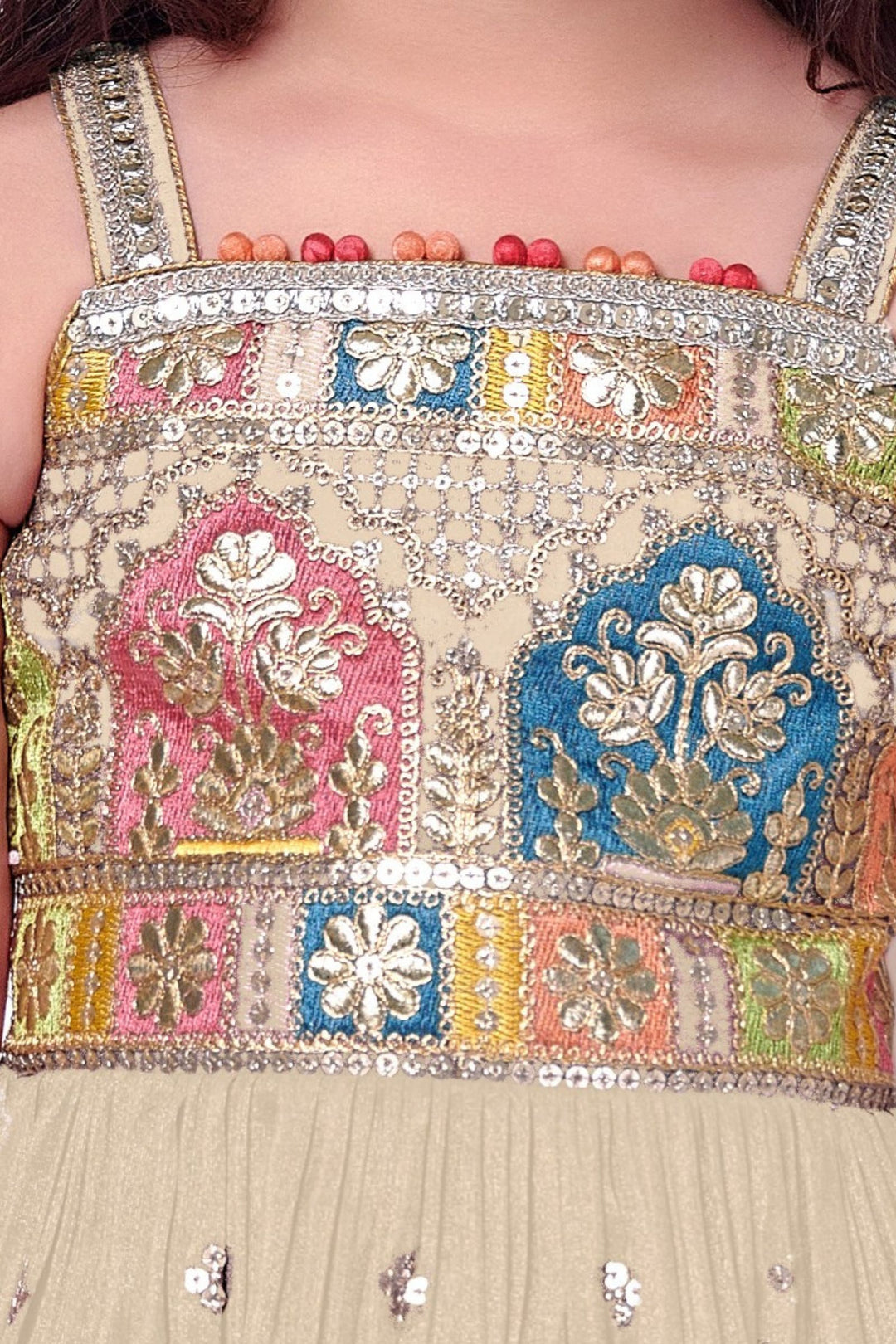 Cream Multicolor Thread, Sequins and Zari work Palazzo Suit Set for Girls