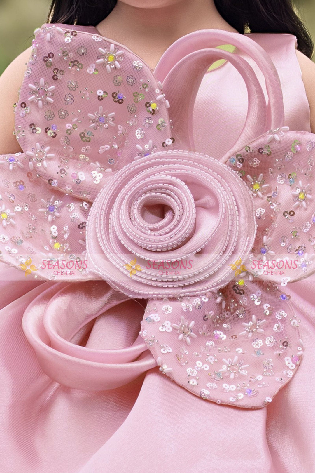 Peach Sequins and Beads work Short Partywear Frock for Girls