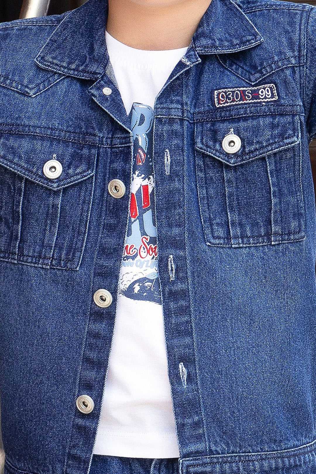 Dark Blue with White Printed Blazer, T-Shirt and Pant Set for Boys with Belt