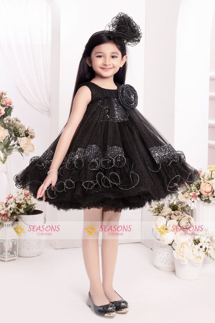 Black Glitter work Short Partywear Frock for Girls