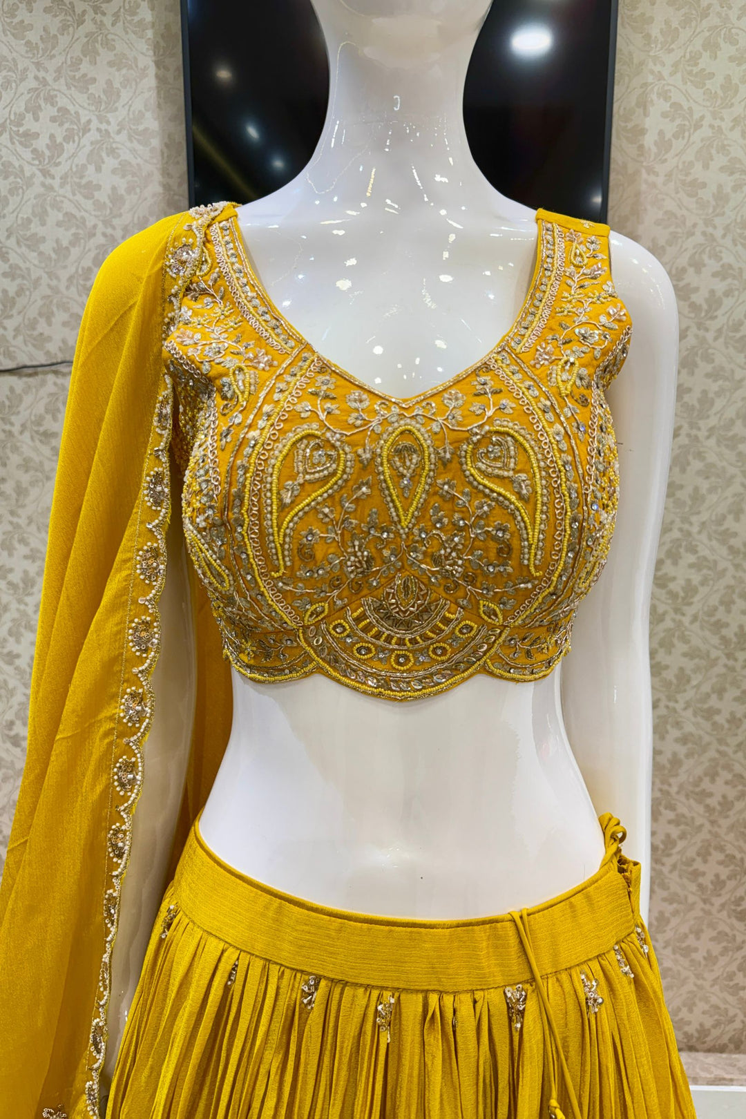 Yellow Beads, Zardozi, Stone, Zari and Sequins work Lehenga