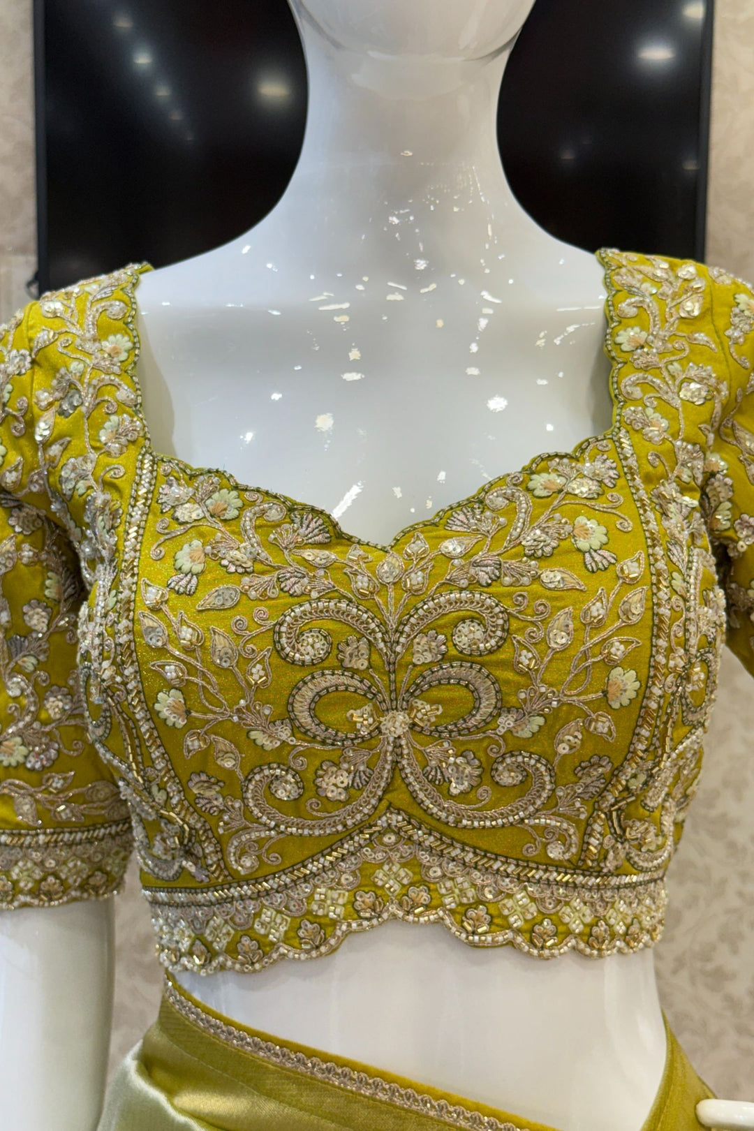 Pista Green Saree with Beads, Sequins, Zardozi and Zari work Readymade Blouse