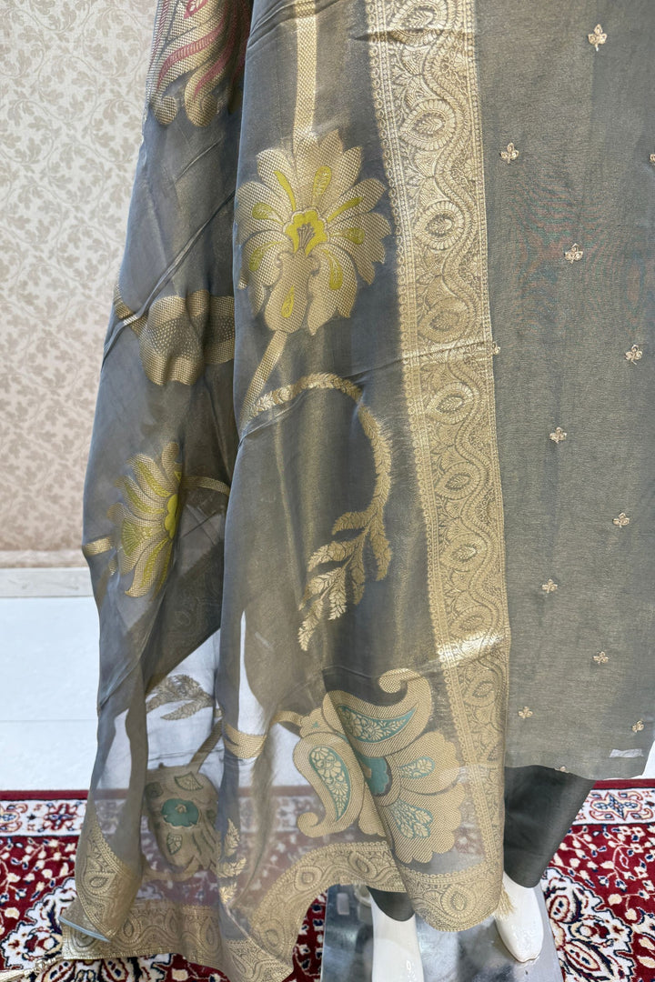 Grey Sequins, Zari and Banaras work Straight Cut Salwar Suit