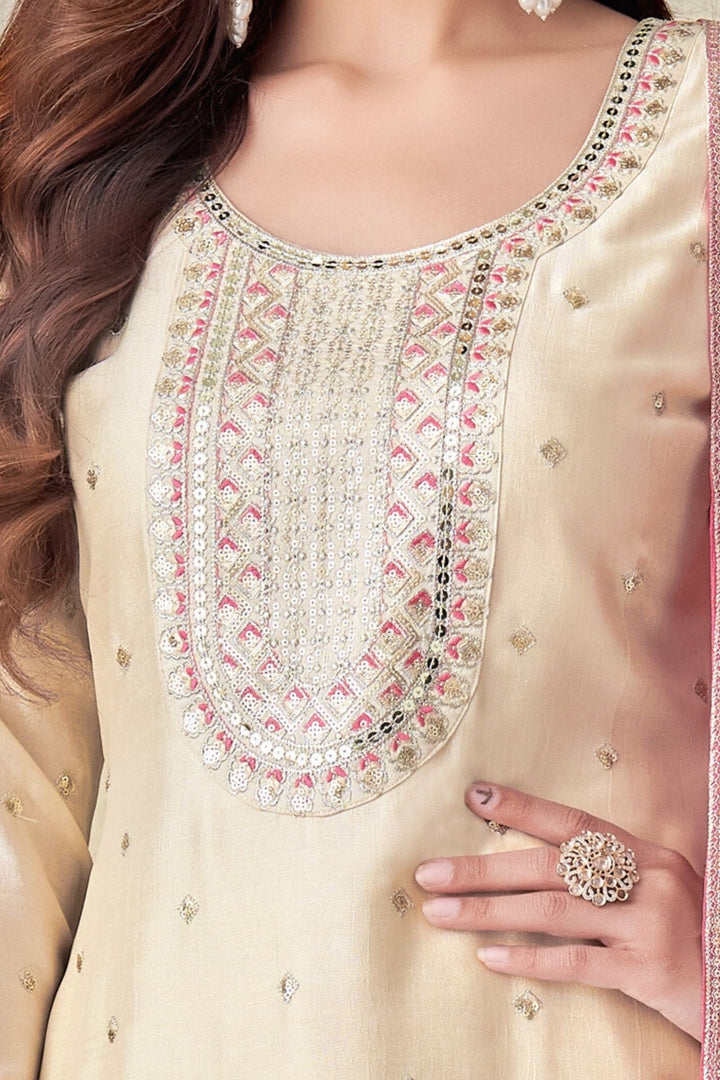 Cream Sequins, Zari and Thread work Straight Cut Salwar Suit