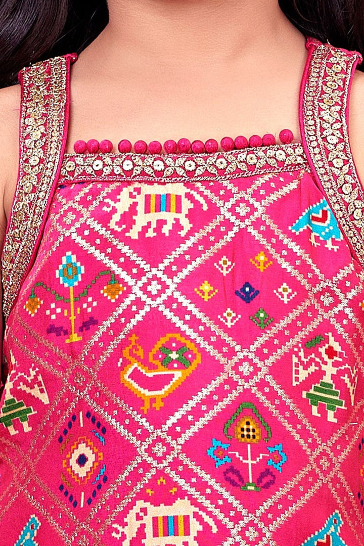 Rani Pint Sequins and Zari work with Patola Print Top and Afghani Set for Girls