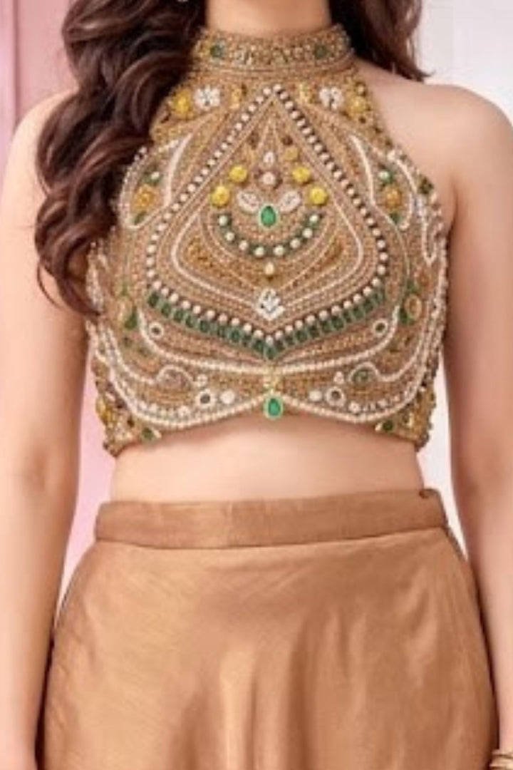Gold Stone, Beads, Zardozi, Sequins and Pearl work Halter Neck Palazzo Suit Set for Girls