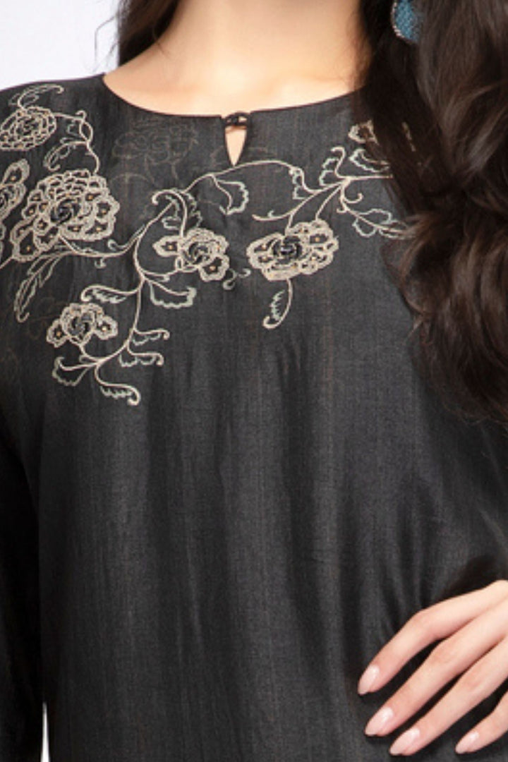 Black Thread and Stone work with Floral Print Calf Length Kurti