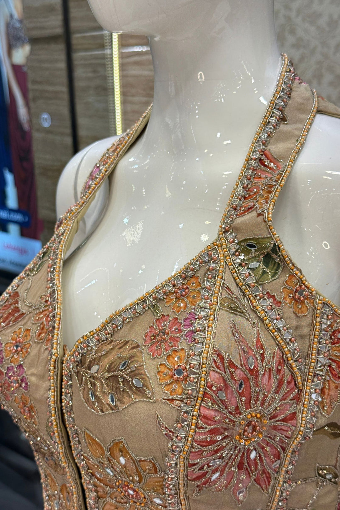 Beige Halter Neck Palazzo Set with Zardozi, Zari, Beads, Sequins, Stone and Mirror Detailing (Copy)