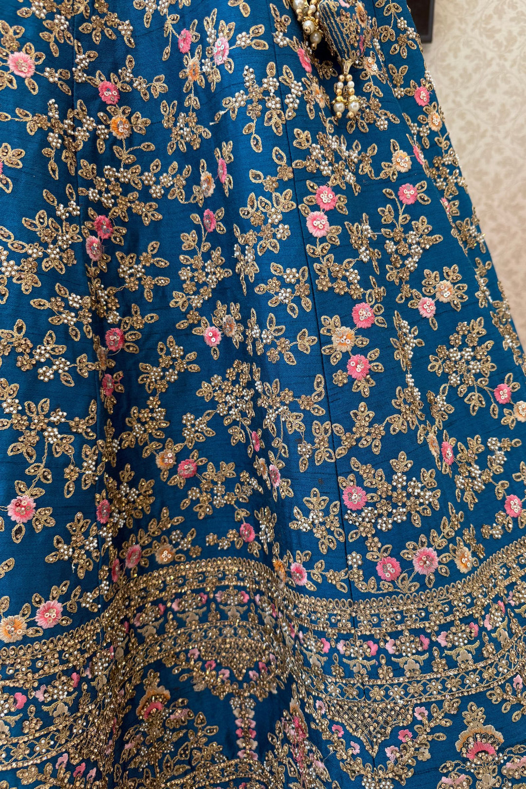 Rama Blue Bridal Lehenga with Pink Dupatta and Stone, Pearl and Zari work work