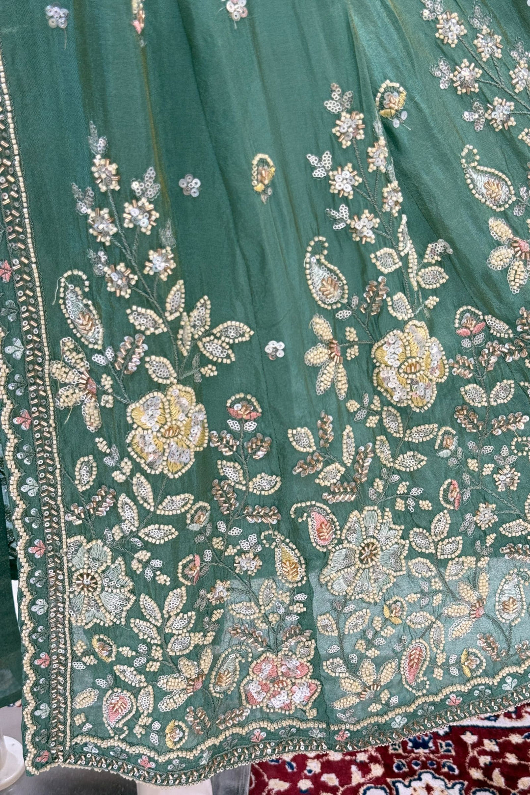 Sea Green Beads, Sequins and Thread work Long Top with Straight Pant