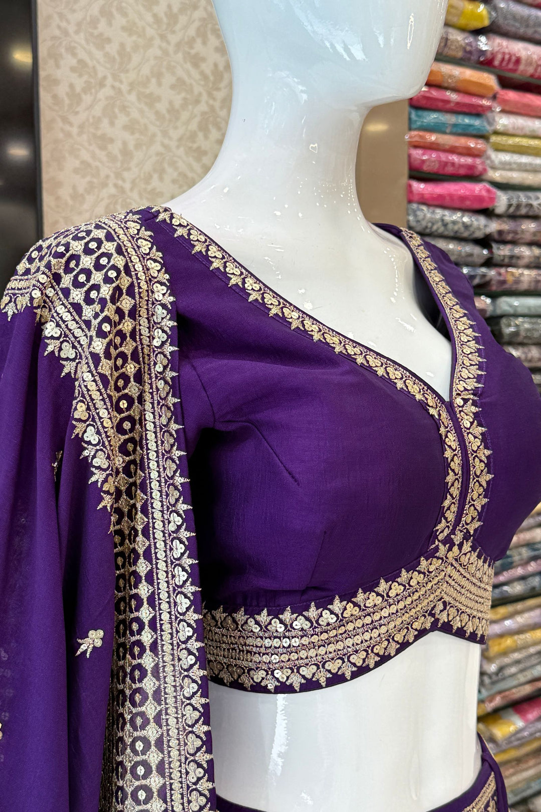 Purple Sequins and Zari work Crop Top Lehenga