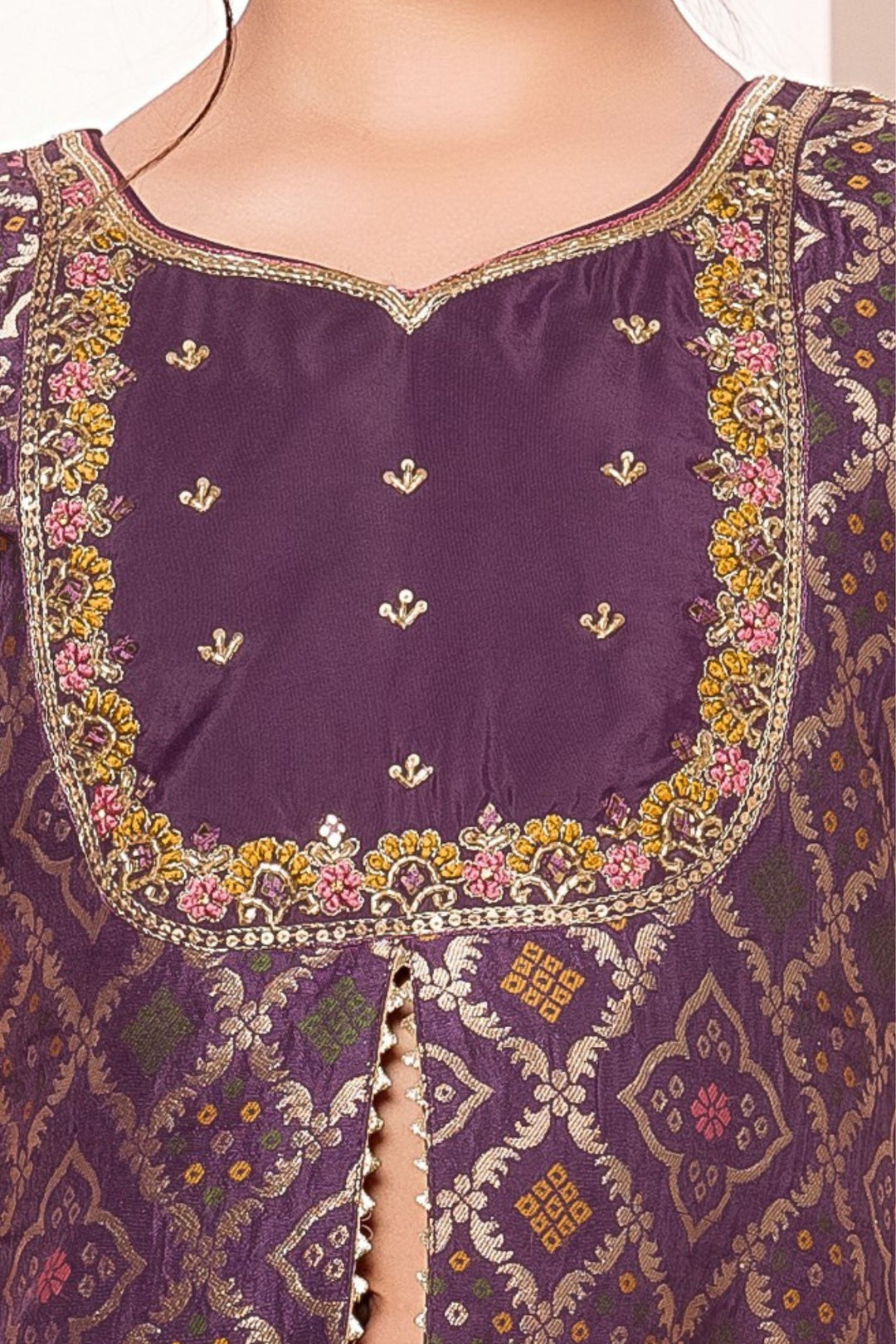 Purple Banaras Zari, Mirror and Beads work Palazzo Suit Set for Girls