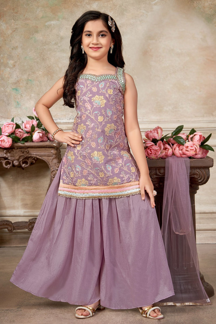Lavender Zari, Stone, Mirror and Beads work with Floral Print Palazzo Suit Set for Girls