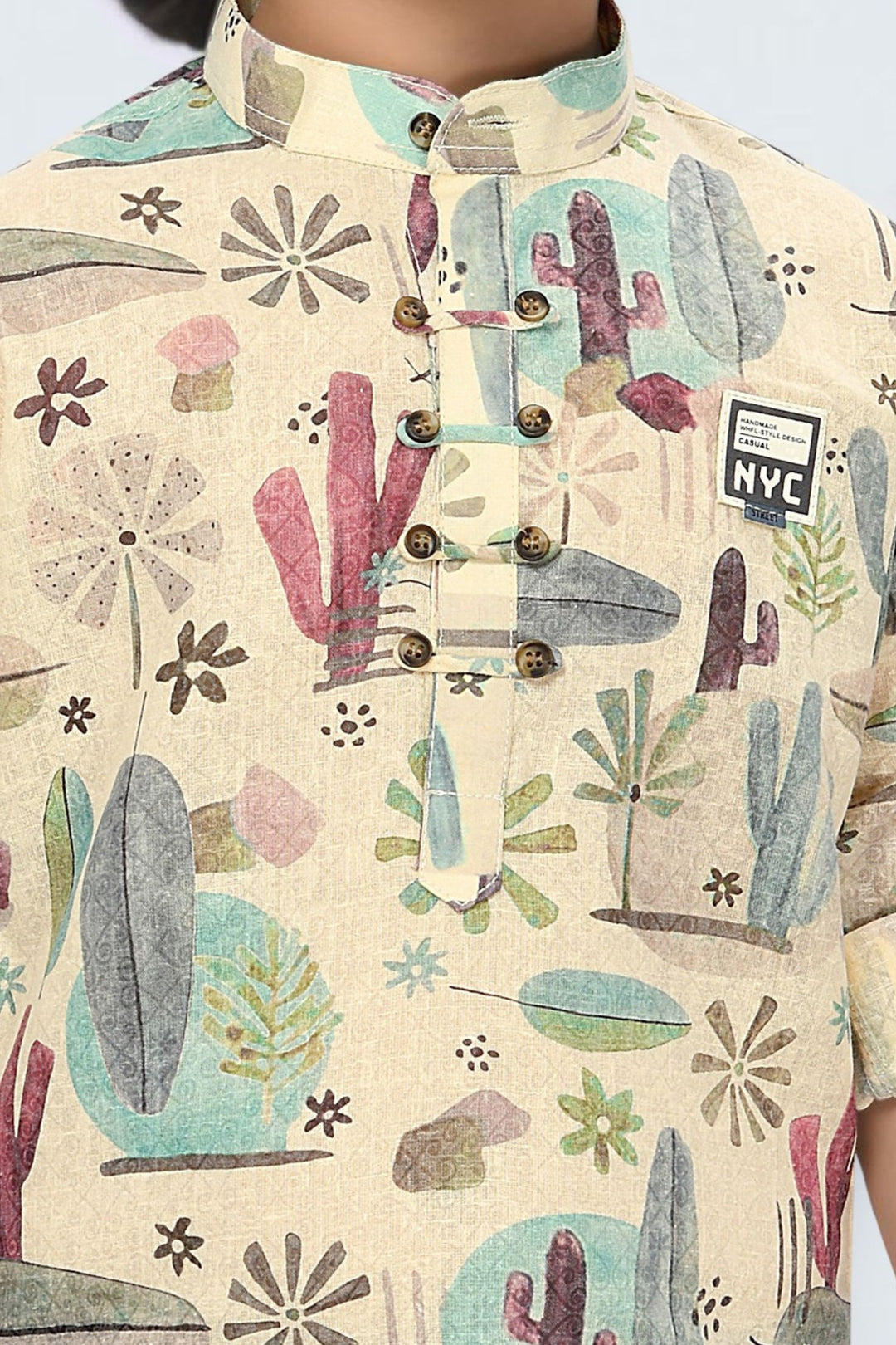 Cream with Multicolor Digital Print Casual wear Shirt and Green Pant Set for Boys