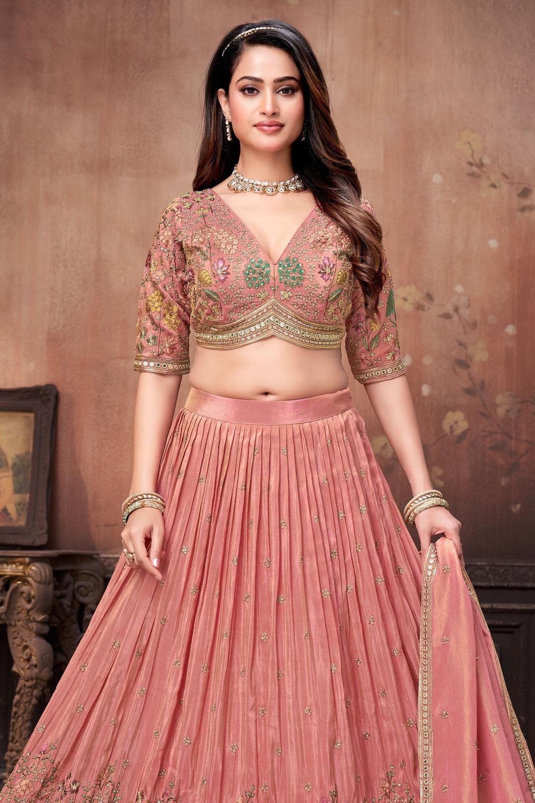 Onion Pink Sequins, Beads, Zardozi and Multicolor Embroidery work Crop Top Lehenga