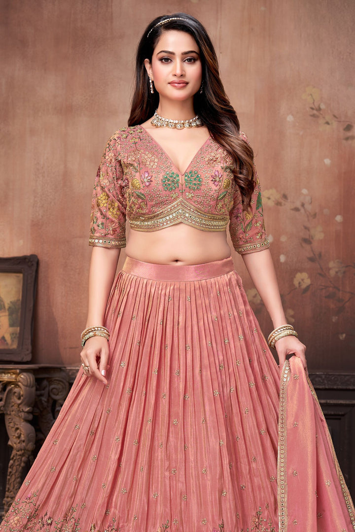 Onion Pink Sequins, Beads, Zardozi and Multicolor Embroidery work Crop Top Lehenga