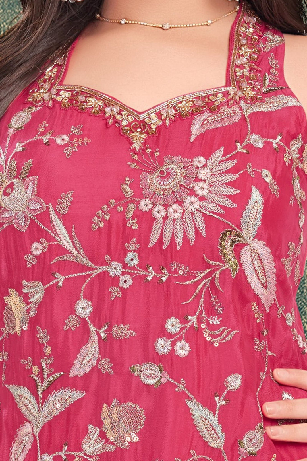 Rani Pink Zari, Sequins, Beads, Embroidery and Mirror work Palazzo Suit Set for Girls