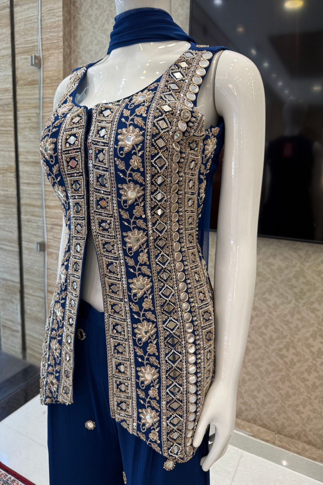 Teal Blue Mirror, Beads, Sequins and Zari work Palazzo Salwar Suit
